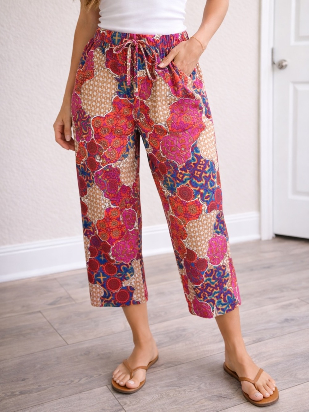Natori Silk Feel Boho Paisley Crop Pants Small Colorful Lounge Resort Capri